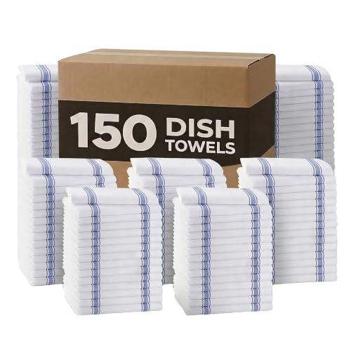 Dish Towels 150 Pack Blue Stripe 100% Cotton Kitchen Towel 15x25 Inch Tea Towels (Blue Stripe / Pack of 150)