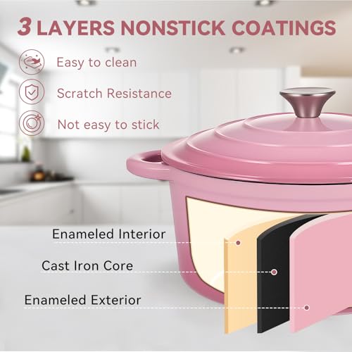 6 Quart Enameled Dutch Oven Pot with Lid (6 QT / Pink)