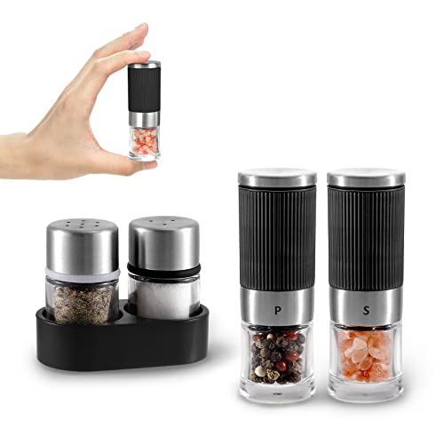Mini Salt and Pepper Grinder set with 2 Small Salt and Pepper Shakers Portable Cute Tiny Spice Grinder Pepper Mill Salt Grinder for Travel (Black)