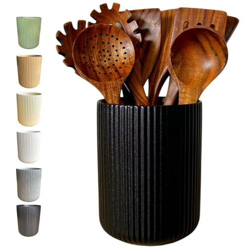 Large Stoneware Kitchen Utensil Holder for Kitchen Counter & Countertop Cooking Utensil Holder Spatula Holder Utensil Crock for Kitchen Counter Vertical Ribbed Fluted Stripe (Matte Black)