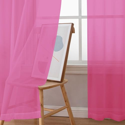 Rod Pocket Top Solid Voile Sheer Curtains for Bedroom (Hot Pink / 42"W x 54"L (Pack of 2))