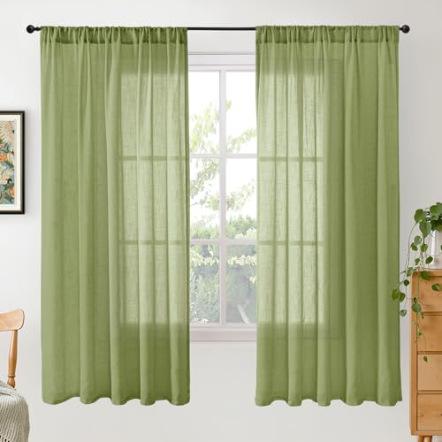 Olive Green Linen Curtains for Living Room 63 Inch Length (Green / 52"W x 63"L (Pack of 2))