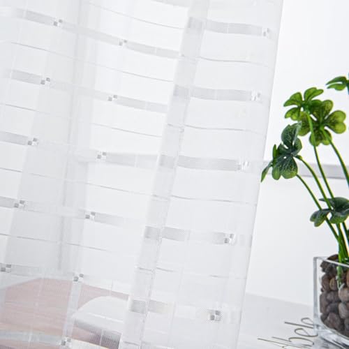 Check Sheer Curtains 63 Inches Long for Living Room (Check - White / 52"W x 63"L (Pack of 2))
