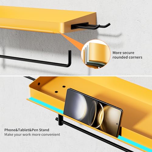Garage Paper Towel Holder with Shelf & 2 Hooks Wall Mount (Yellow / 12.8-inch)