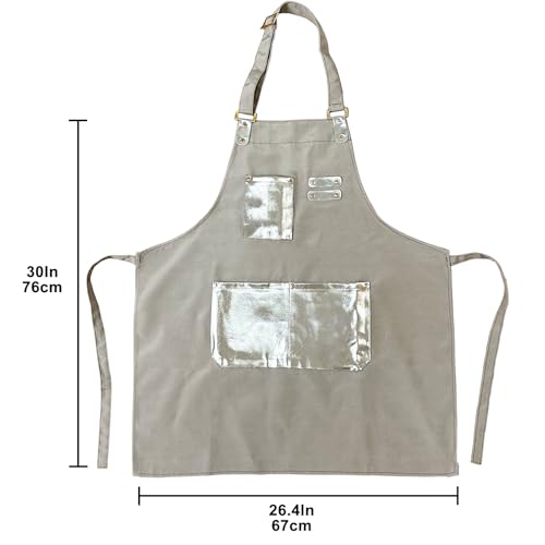 Barista Tools Apron for Women Hairstylists Servers Waterproof Canvas Kitchen Apron with 3 Pockets for Cooking Gardening (Ivory)