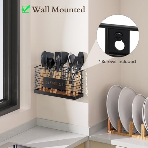 Utensil Holder for Kitchen Counter Large Black Metal Cooking Utensil Organizer 3 Compartments for Countertop Kitchen Tool Spatula Holder Wood Base (Brown-3 Slots)