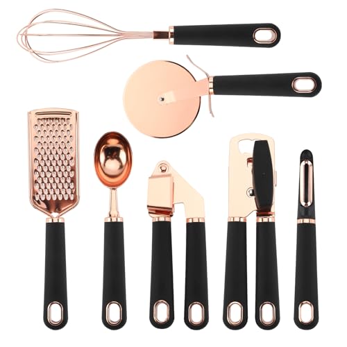 Kitchen Gadget Set Copper Plated Stainless Steel Utensils with Soft Touch Handles (7 Pieces / Copper Black)