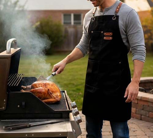 Canvas Cross Back Chef Cotton Aprons for Men Women (Black+brown+red)
