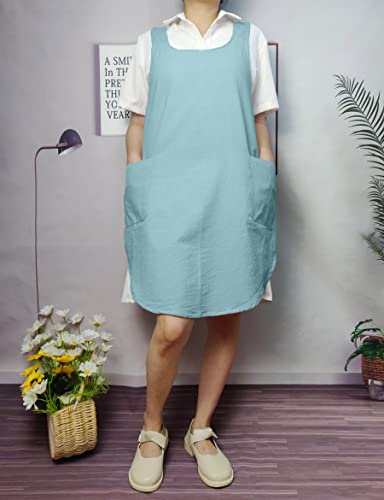 Cotton Cross Back Aprons Solid Color Cooking Kitchen Garden Smock for Women Girls with Pockets (Green / 37W x 32L)