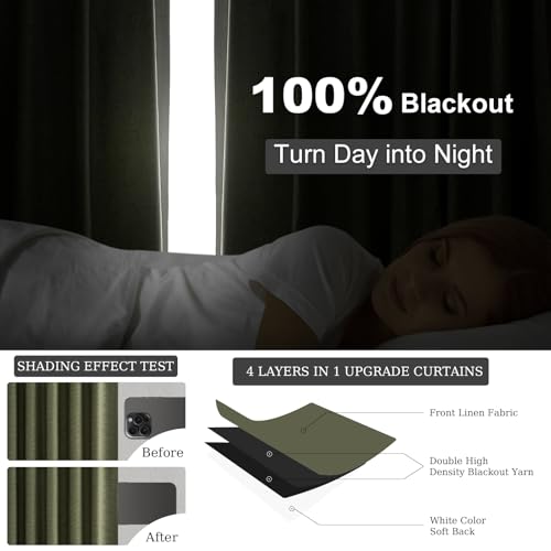 90 Inch Long Linen Blackout Curtains 2 Panels Set (Olive Green / 52"W x 90"L (Pack of 2))