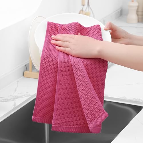 100% Cotton Waffle Weave Kitchen Dish Towels 4 (Hot Pink / 13 X 28 - 4 Pack)