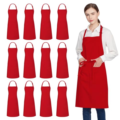 12 Pack 100% Cotton Aprons Bulk with 2 Pockets Cooking Chef Kitchen Adjustable Bib Apron for Women Men (Red)