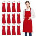 12 Pack 100% Cotton Aprons Bulk with 2 Pockets Cooking Chef Kitchen Adjustable Bib Apron for Women Men (Red)