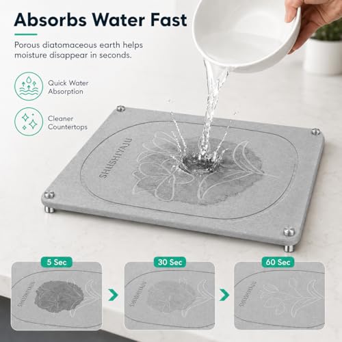 Stone Drying Mat For Kitchen Counter Superb Absorbent Diatomaceous Earth Mats with Non (Floral-MediumGray / 15.7" x 11.8")