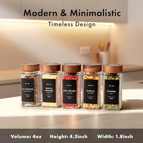 Glass Spice Jars with Label (Acacia Lid + Black Labels)