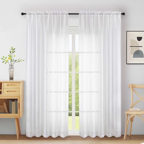 Extra Wide White Sheer Curtains 90 Inches Long 2 Panels (59"W x 90"L (Pack of 2) / White)