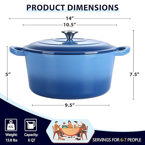6 Quart Enameled Cast Iron Dutch Oven with Lid (6 QT-Round / Blue)