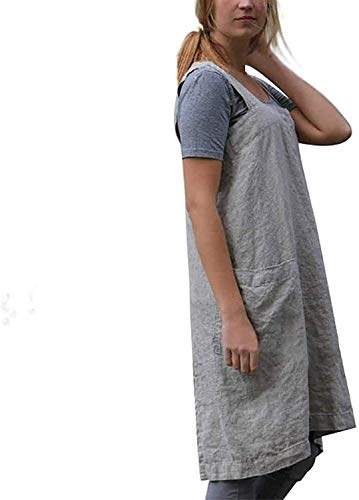 Cotton Linen Apron Cross Back Apron for Women with Pockets Pinafore Dress for Baking Cooking (Blue / 3X-Large)