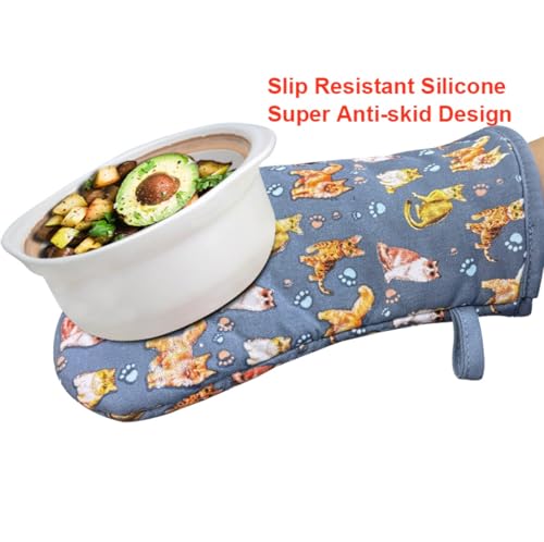Oven Mitts 1 Pair (Cat, Blue Mitts)