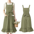 100% Cotton Aprons with Pockets Pinafore Dress for Women Vintage Cotton Apron for Christmas Kitchen Cooking Gifts (Olive Green / Vintage)