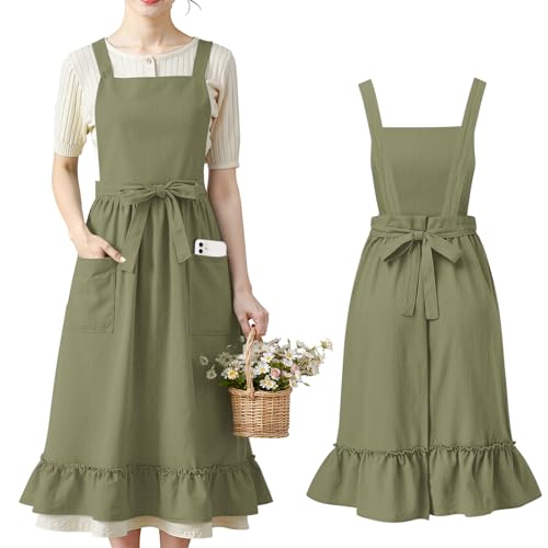 100% Cotton Aprons with Pockets Pinafore Dress for Women Vintage Cotton Apron for Christmas Kitchen Cooking Gifts (Olive Green / Vintage)