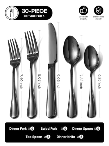 30 Piece Black Silverware Set (Black)