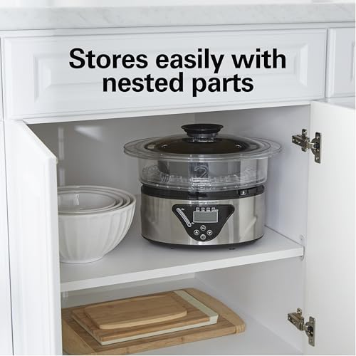 Digital Electric Food Steamer & Rice Cooker for Quick (Black & Stainless Steel / Stackable Two-Tier Bowls, 5.5 Quart)