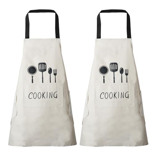 Women Kitchen Apron with Hand Wipe Pockets (White + White)