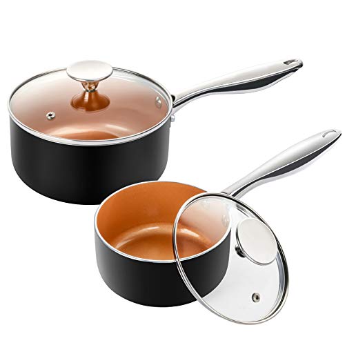 Nonstick 1Qt & 2Qt Copper Sauce Pan Set with Lid (1+2 Quarts)