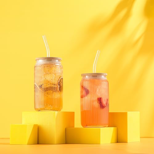 Fluted Glass Tumblers with Bamboo Lids and Glass Straws (Clear Glasses)
