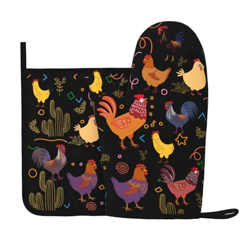 Chicken Silicone Oven Mitts Pan Mats Set of 2 (Black1)