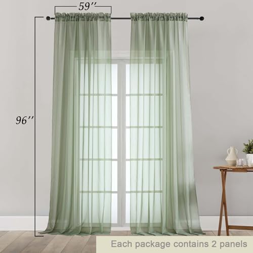 Sage Green Sheer Curtains for Bedroom Living Room 96 Inches Long 2 Panels (Sage Green / 59"W x 96"L (Pack of 2))