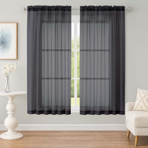 Black Sheer Curtains 63 Inch Long 2 Panels for Living Room 59" Wide (Black / 59"W x 63"L (Pack of 2))