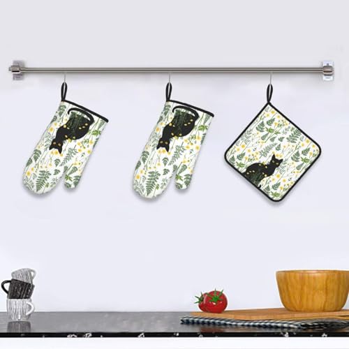 Black Cat Wildflower Hot Pads and Oven Mitts Set of 3 (Wildflower)