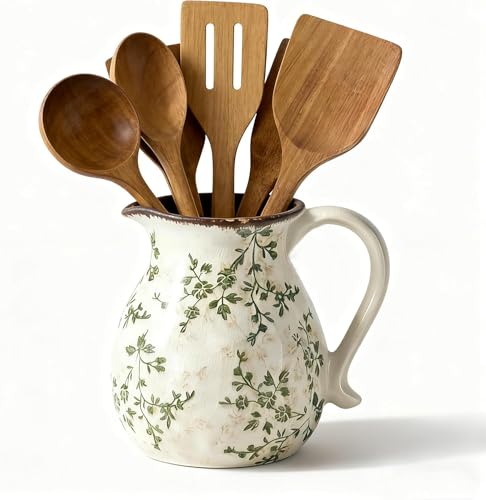 Rustic Ceramic Utensil Holder (green rattan)