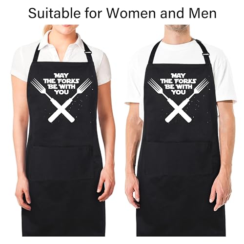 Funny Apron for Men Women 100% Cotton May The Forks Be With You Adjustable Bib Aprons with 2 Pockets Funny Gifts Grilling Grill Kitchen Cooking BBQ Black (May the Forks Be With You)