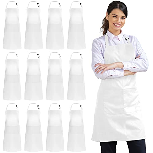 12 Pack Apron with 2 Pockets Aprons for Men Women (White)