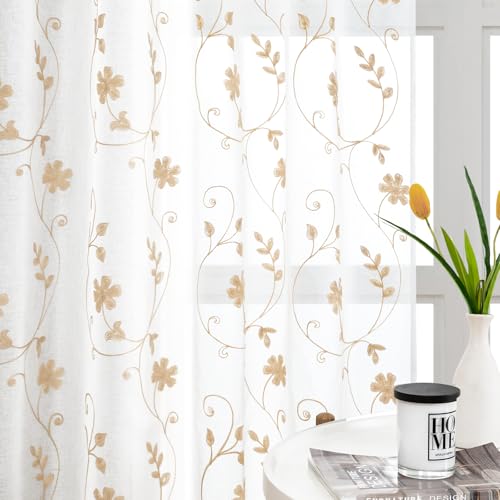 Yellow Sheer Curtains 63 Inch Length 2 Panels Yellow and White Embroidered Floral Pattern Semi Sheer Window Curtains for Bedroom Living Room (52"W x 63"L (Pack of 2) / White & Yellow)