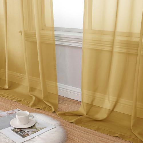 Extra Long Sheer Gold Curtains for Bedroom Living Room 108 Inches Long 2 Panels Set (Gold / 42"W x 108"L (Pack of 2))