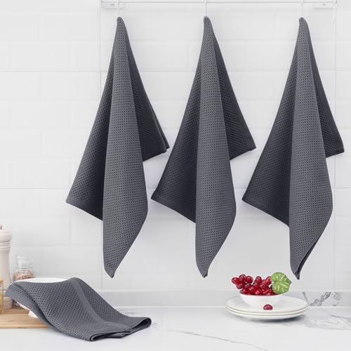 100% Cotton Oversized Waffle Weave Kitchen Towels 12 (Dark Grey / 20 X 28 - 12 Pack)