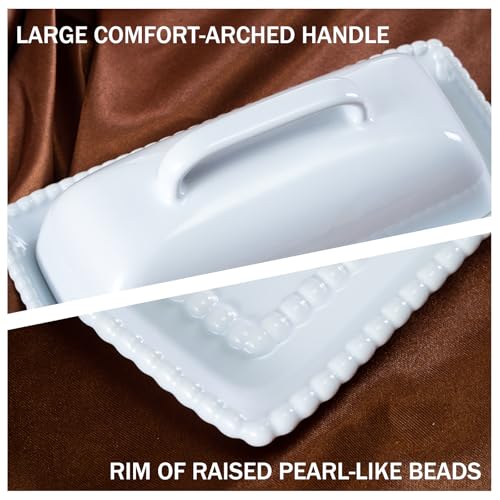 White Ceramic Butter Dish with Lid (White-Pearl)