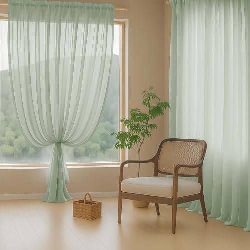 Sage Green Sheer Curtains for Window 96 Inches Long 2 Panels (42"W x 96"L (Pack of 2) / Sage Green)