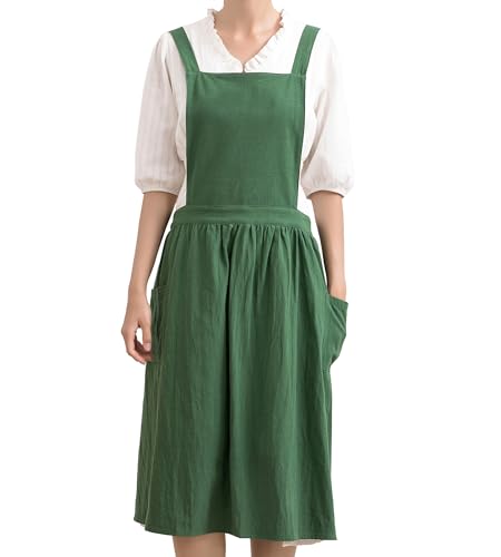 Cotton Linen Pinafore Apron Dress for Women with Pockets Chef Aprons Cross Back Apron for Kitchen Baking Painting (Green)