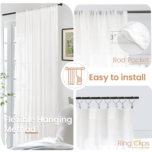 White Linen Semi Sheer Curtains for Living Room 80 Inch Length (White / 52"W x 80"L (Pack of 2))