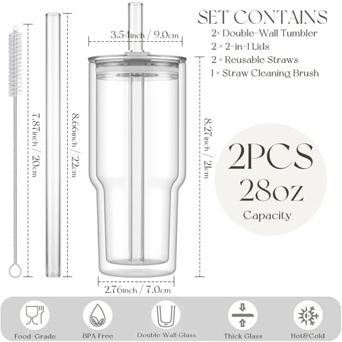 28 oz Double Wall Glass Tumblers Set of 2 (Clear)