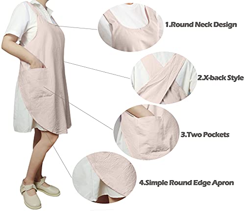 Cotton Cross Back Aprons Solid Color Cooking Kitchen Garden Smock for Women Girls with Pockets (Beige / 37W x 32L)