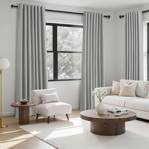 Grey Linen Blackout Curtains 90 Inches Long for Bedroom Living Room 100% Black Out Thermal Insulated Ring Hooks Back Tab Room Darkening Pleated Drapes Dark Gray 90 Inch Curtain 2 Panels (Frost Grey / 52"W x 90"L (Pack of 2))