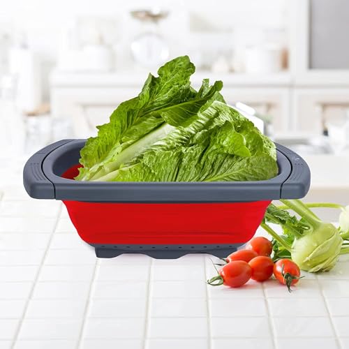 Collapsible Colander Strainer with Extendable Handles (Red)