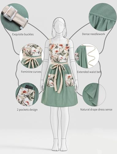 Vintage Pinafore Apron Dress for Women with Pockets Cute Floral Chef Aprons for Kitchen Cooking Baking Gardening (Sage Green)