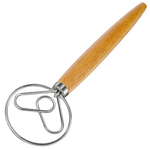 Danish Dough Whisk Dutch Bread Mixer Stainless Steel Hook Wooden Handle Baking Tools for Sourdough Pizza Pastry Cake Batter Making (White Wax Wood-XX / 1 Pack)